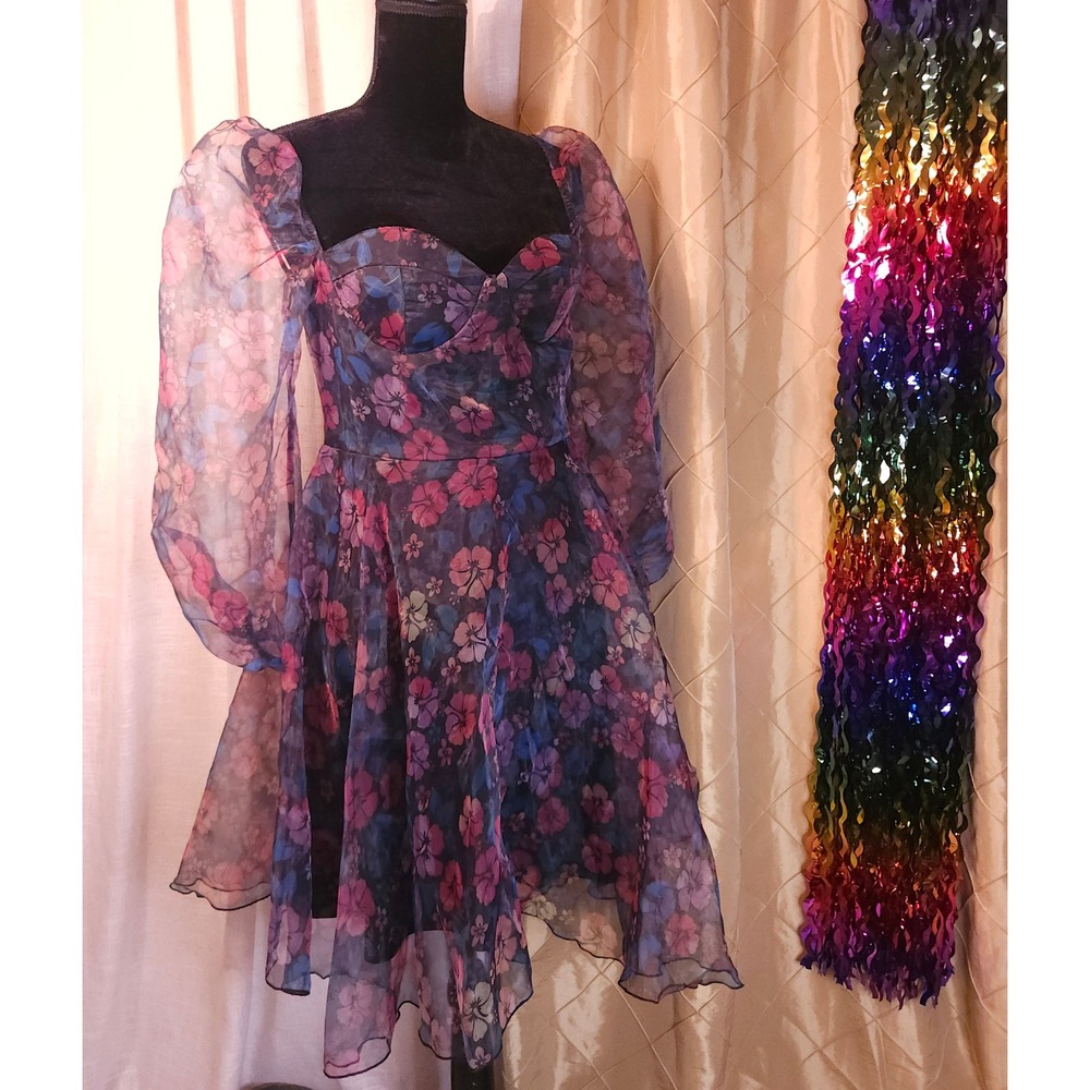 Whimsy Mesh Layers Hibiscus Large Puff Sleeve Peplum Dress by Miss Ord.  NWT